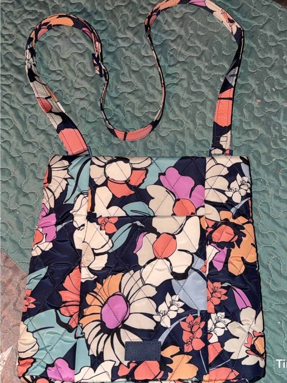 Vera Bradley Navy Floral Quilted Crossbody with Coral Pink Purple Accents